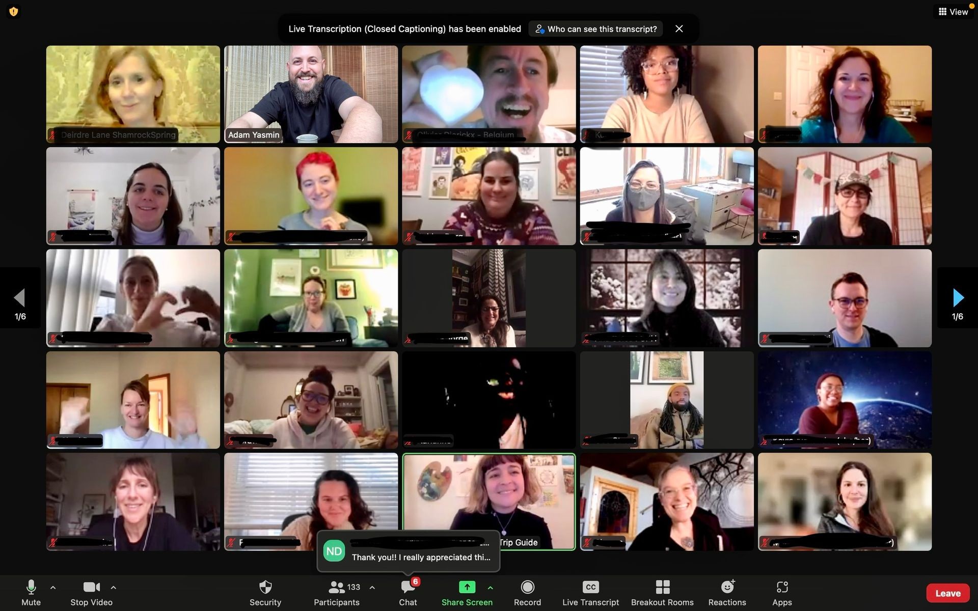 Large group zoom meeting of remote workers gathering for a digital mindfulness workshop